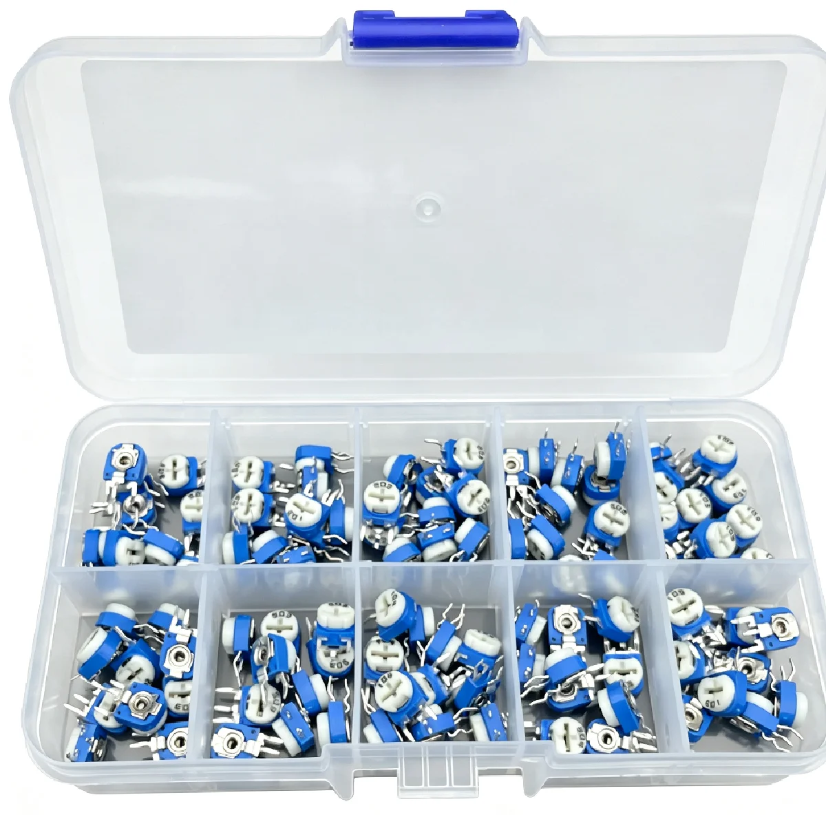 100Pcs RM063 Vertical Trimmer Potentiometer Kit 10Values 500Ohm-1MOhm Multiturn Adjustable Variable Resistor Set With Box