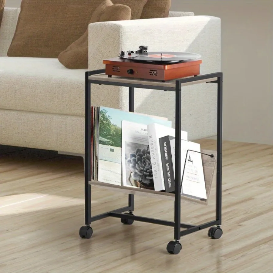 ダブルサイドテーブル レコードプレーヤースタンド ホイールとビニール収納棚付き グレー