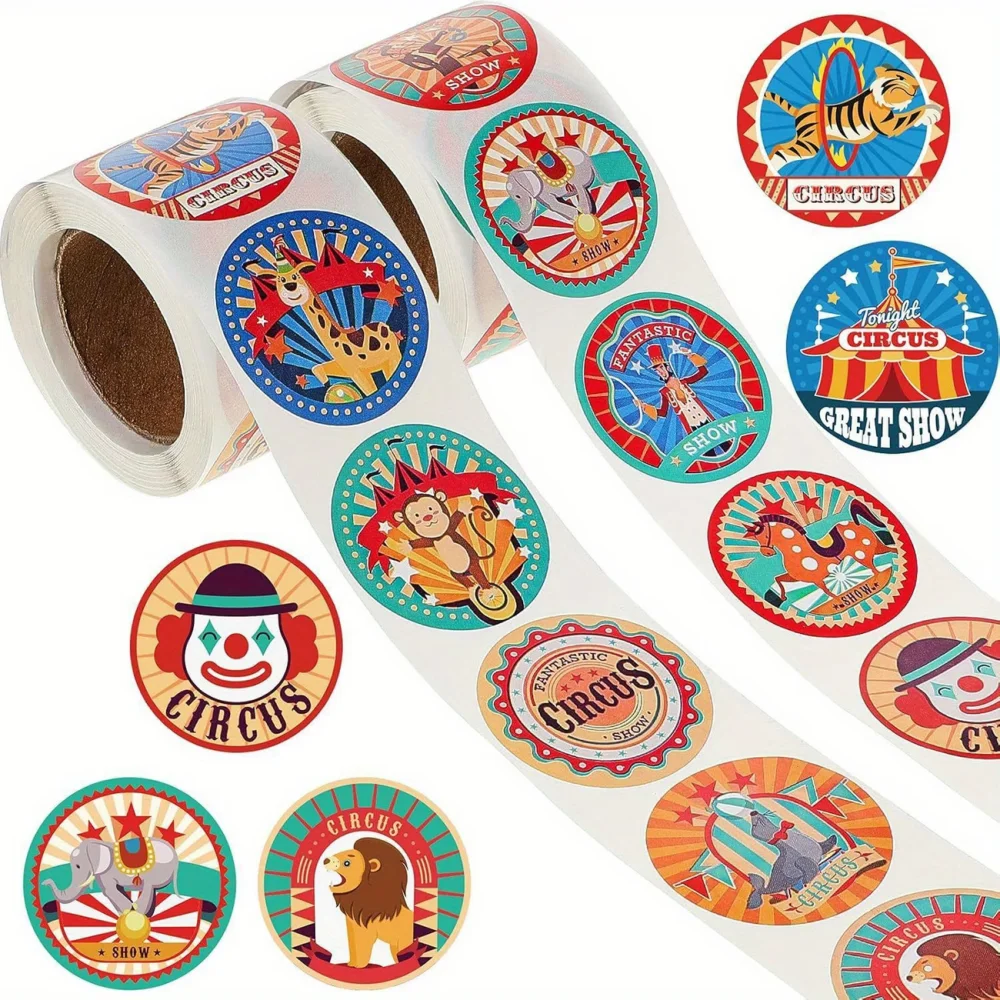 

Carnival Themed Stickers 500 Pcs/Roll | Clown Circus Sealing Labels for Party Gift Bags & Birthday Decor