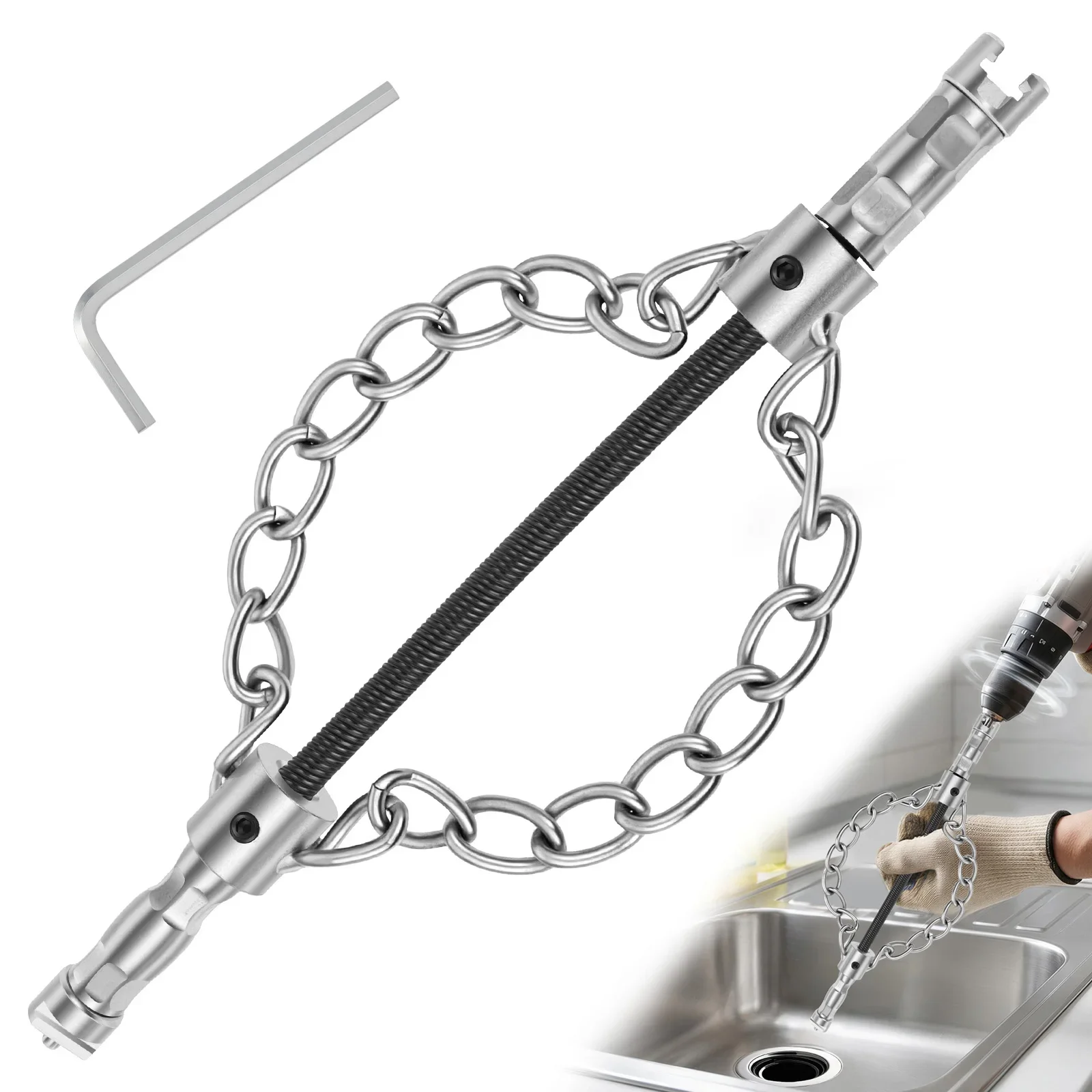 For Kitchen Sink Bathroom Tub Drain Flex Shaft Sewer Descaling Chain 16mm Connector Dual Chain Metal Pipe Cleaning Tool