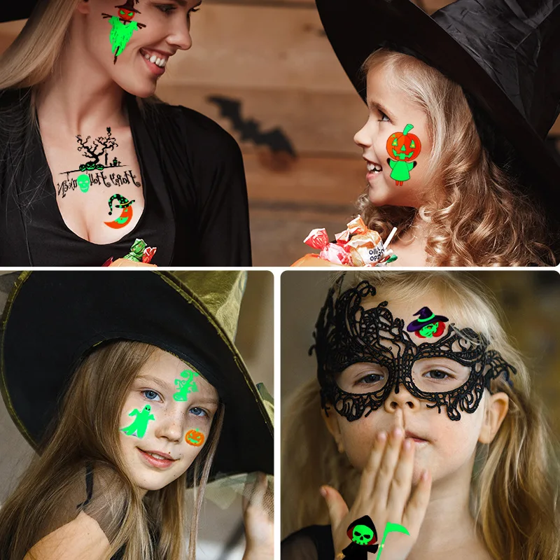 10PCS Luminous Tattoo Stickers Children's Pumpkin Skull Head Horror Horror Tattoo Body Art Kids Halloween Cartoon Fake Tattoo