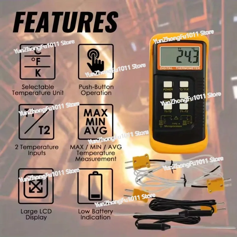 Handheld & Desktop Use Large LCD Display Multi-Color Yellow & Black High Accuracy with K-Type Sensor