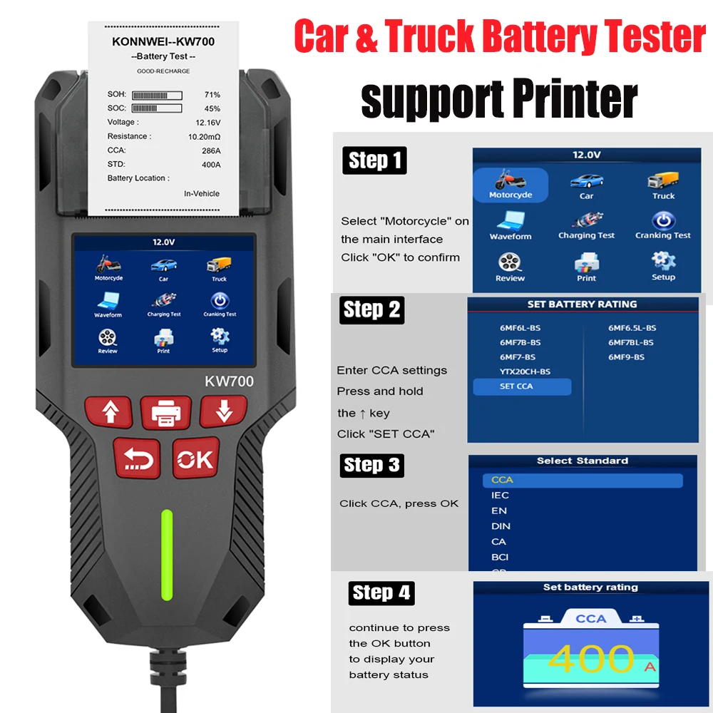 KONNWEI KW700 12V 24V Car & Truck Battery Tester with Printbattery Tester with Printer To Check Voltage CCA Internal Resistance