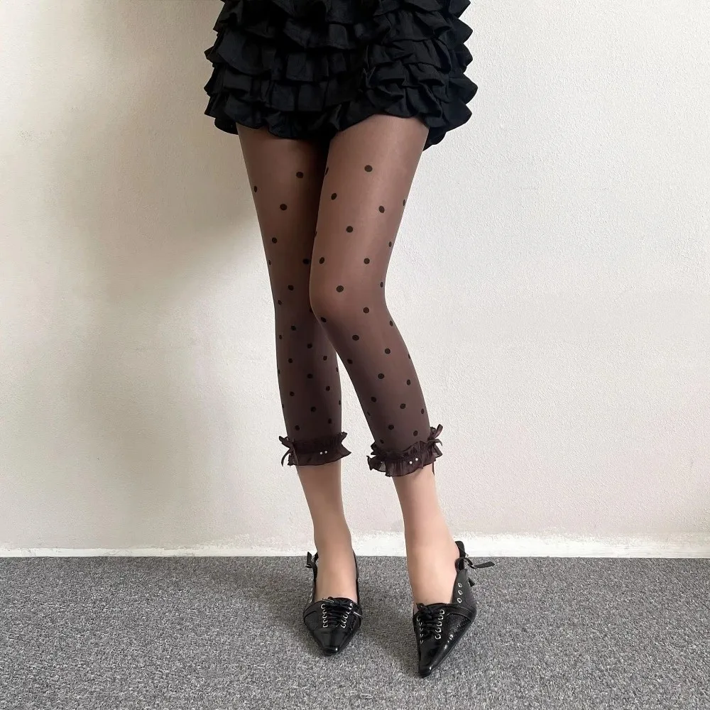 Cool Lace Trim Thin Leggings Polka Dot Thin Material Capri Pants Retro Style Velvet Fabric Polka Dot Leggings Y2K Style