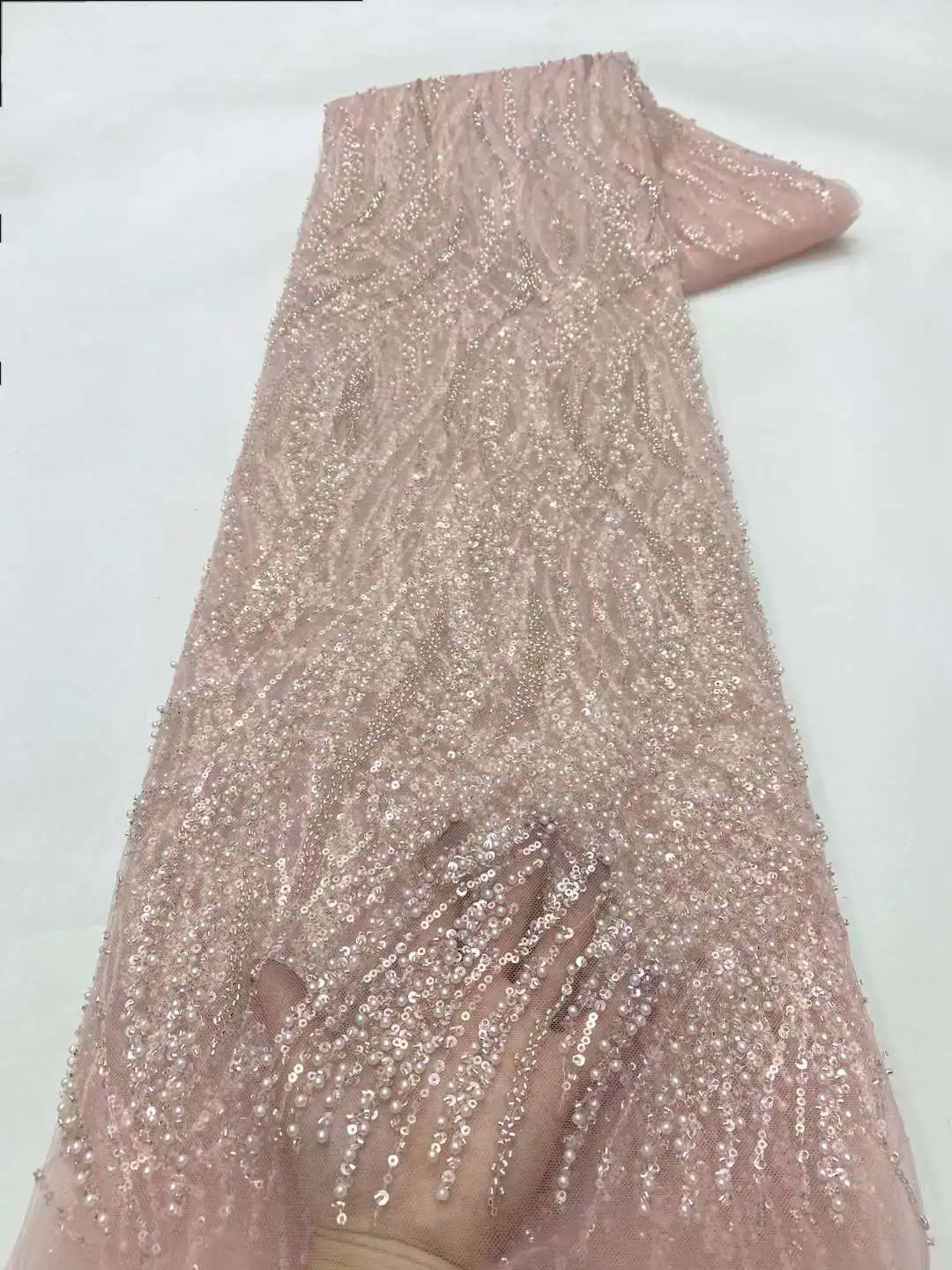 African  Heavy Handmade Beaded Lace Tulle Fabric Swiss Luxury High Quality Sequin Fabric Nigeria For Wedding Prom Dress Sew