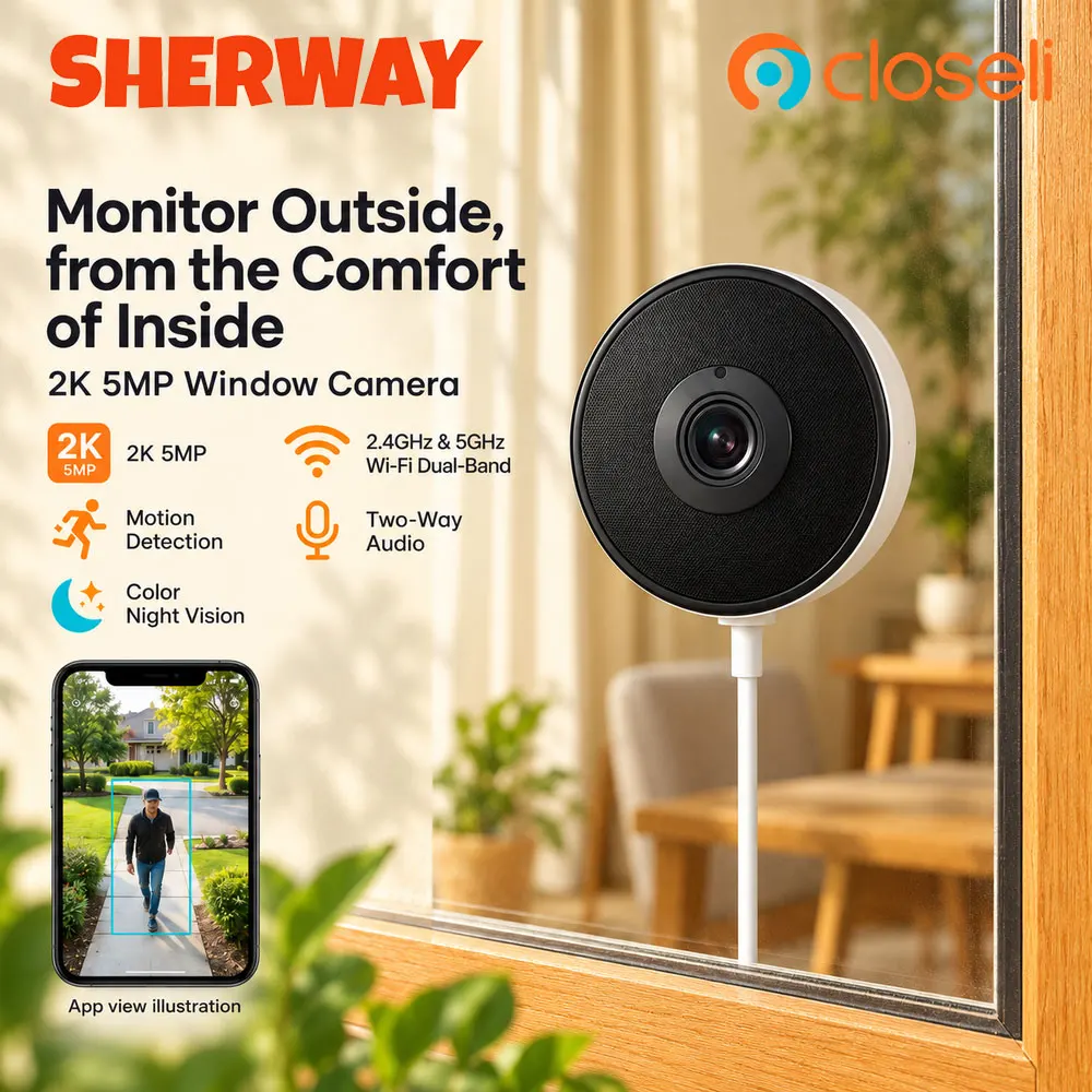 2K 5G Wifi Window Security Camera 5MP HD Full-Color Night Vision for Home Indoor Window Camera No-Drill Install Remote Viewing