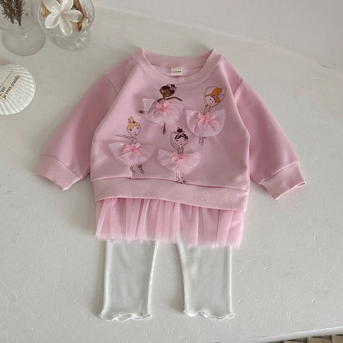 Korean Princess Style Girls Spring Autumn Set, Ballet Figure Tulle‑Hem Sweatshirt White Ruffle Leggings 2‑Piece Kids Outfit