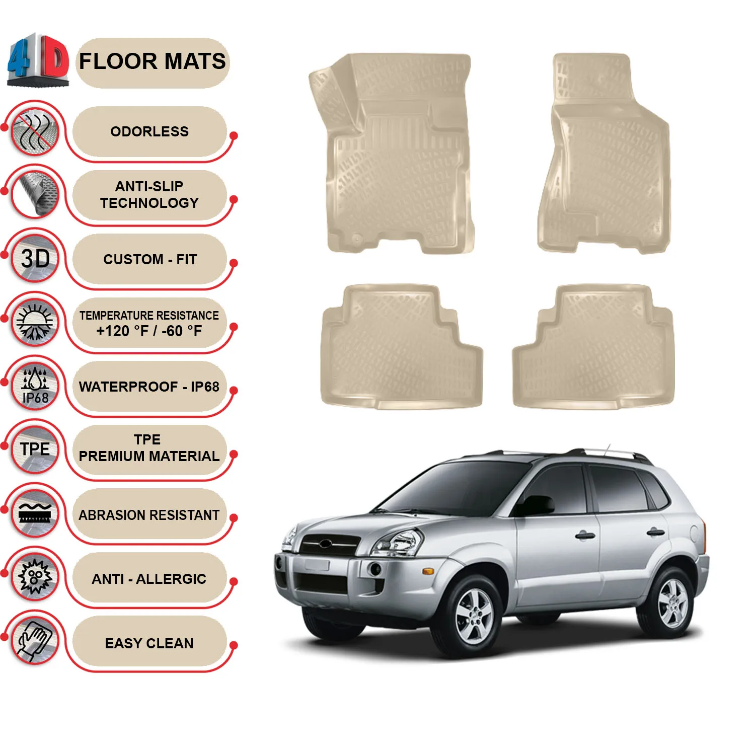 Hyundai Tucson - (2004-2009) Floor Mats Liner Waterproof 3D - (Beige)