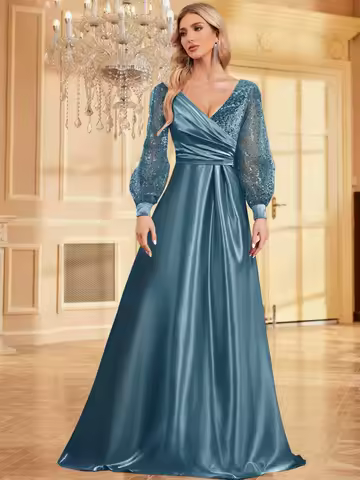 Luxury Blue V-Neck SequinS Evening Dress 2025 Elegant Women Party Maxi Dress Long Sleeve Cocktail Dress Prom Graduation Gowns