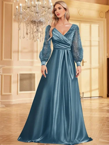 Vestido de noche azul de lujo con lentejuelas y cuello en V, vestido largo elegante de fiesta para mujer, vestido de cóctel de manga larga, vestidos de graduación para graduación 2025