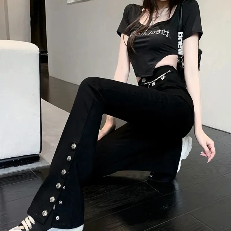 

New Summer Wide Leg Pants High Waist Women Vintage Flared Pants Fashion Long Trousers Solid Slim Split Casual Pants Black