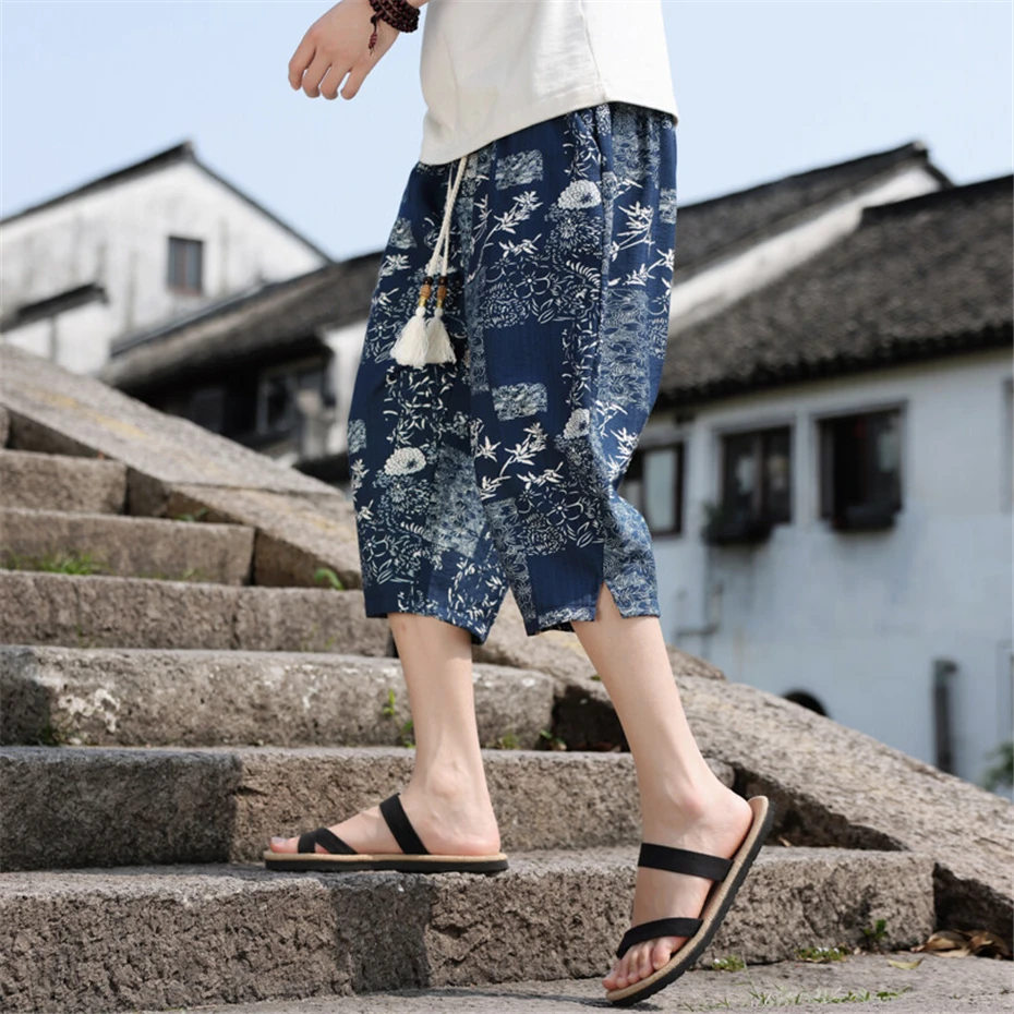 Large Size Pencil Pant Mens Summer Thin Cotton Linen Casual Trousers Men Harajuku Chinese Style Baggy Calf Length Pants Male