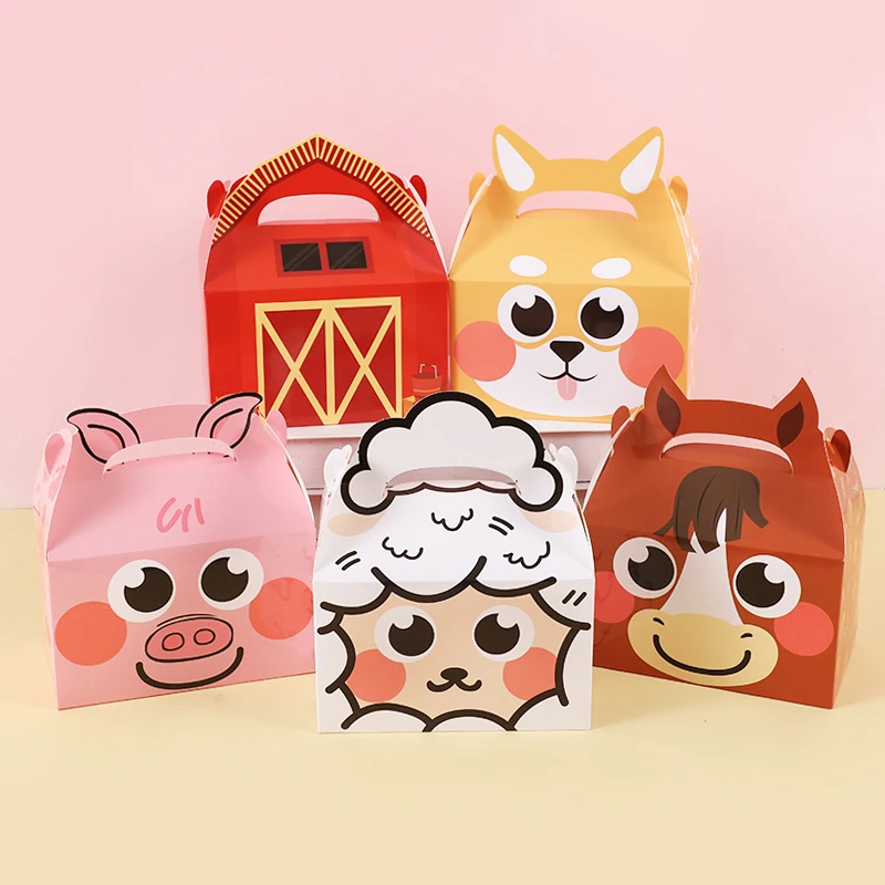 5Pcs Farm Themed Animal Paper Candy Box Cartoon Cow Sheep Pig Biscuit Packaging Box With Handle Kids Birthday Party Favors Decor