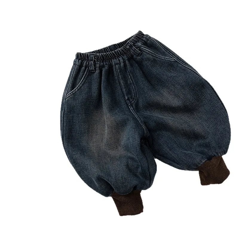 2025 شتاء جديد الأطفال الصوف سراويل جينز موضة الاطفال سراويل تقليدية الفتيان زائد المخملية سميكة الجينز طفل الفتيات بناطيل تدفئة #6