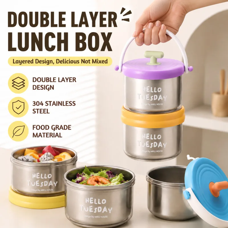 304 Stainless Steel Double-layer Lunch Box Microwave Safe Bento Box Portable Leak Proof Food Container for Office School Adult