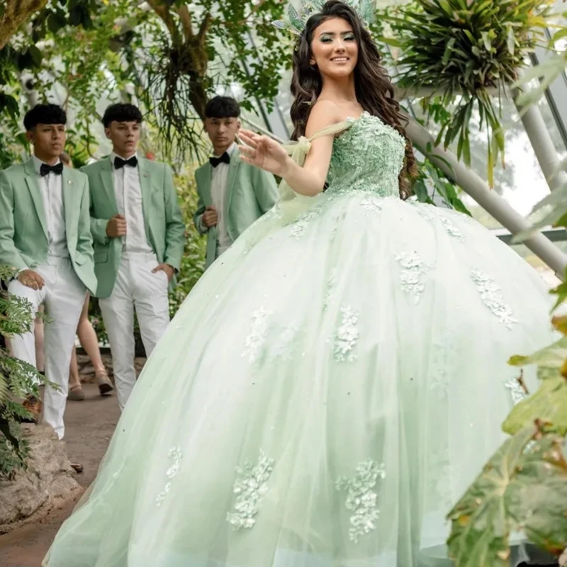 ANGELSBRIDEP Sage Green Quinceanera Dresses Off-Shoulder Beading Flower Lace Vestidos De 15 Anos Birthday Party Prom