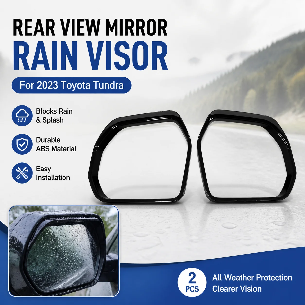 For 2023 Toyota Tundra Rear View Mirror Rain Visor 2pcs Black ABS