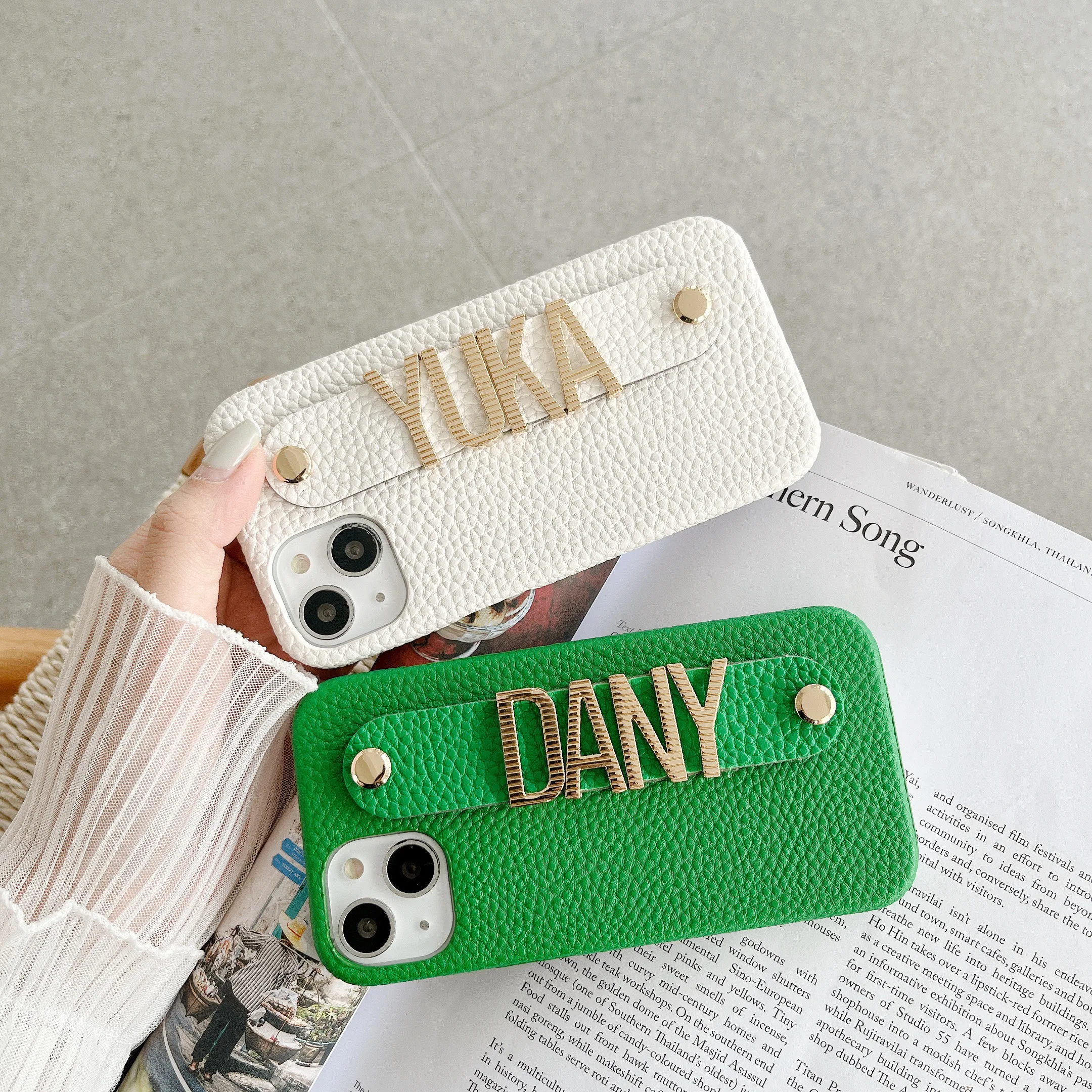 Handmade Personalized Pebble Leather Wristband Phone Case Custom Name Striped Letters iPhone 15 14Pro Max 14Plus 13Pro Max 13 12