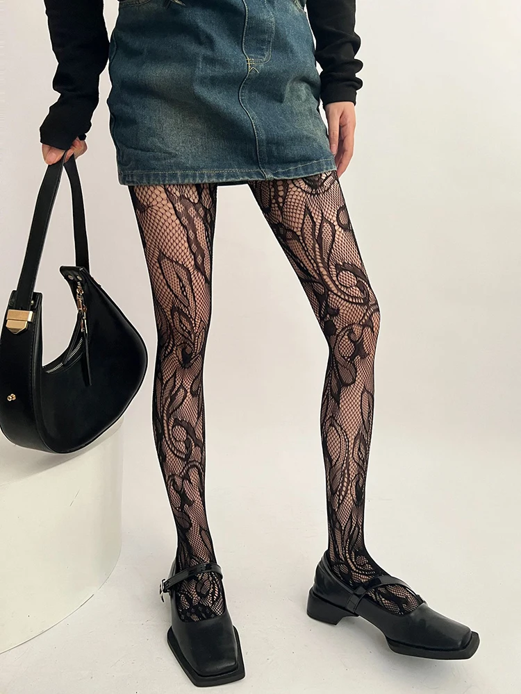 Women Lace Tights Sexy Mesh Hollow Out Thigh High Stockings Lolita Retro JK Flower Embroidery Floral Jacquard Fish Net Pantyhose