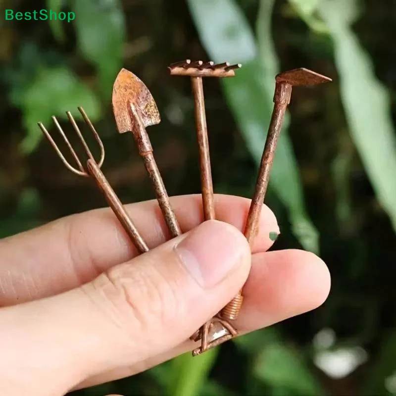 

☽4 Piece Mini Garden Tools Set With Rustic Copper Finish Lifelike Design Perfect For Dollhouse Diorama DIY Craft Projects