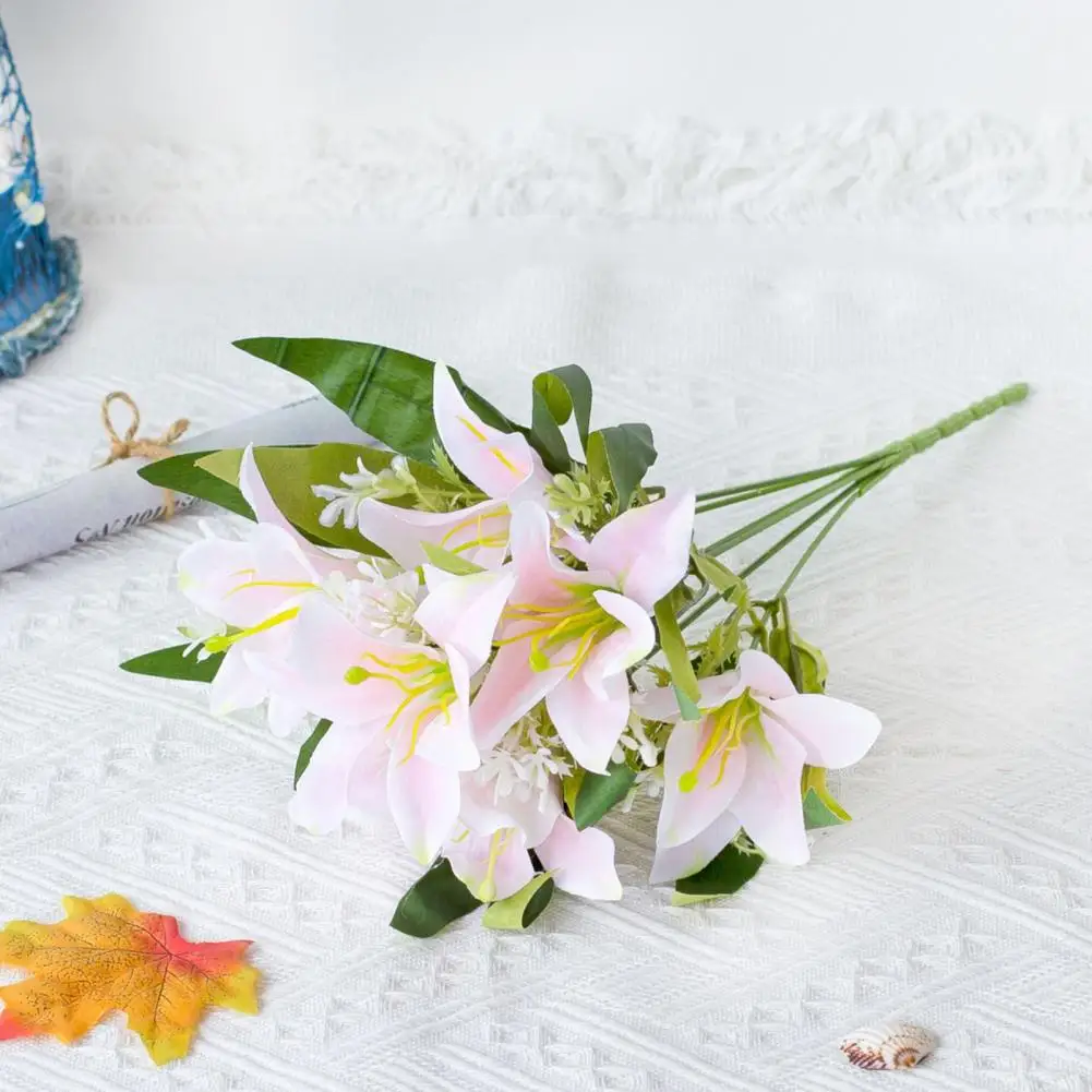 1Pc Artificial Lilies Flower No Withering Non-fading Single Branch Multi-fork Artistic Modern Style Fake Flower for Wedding