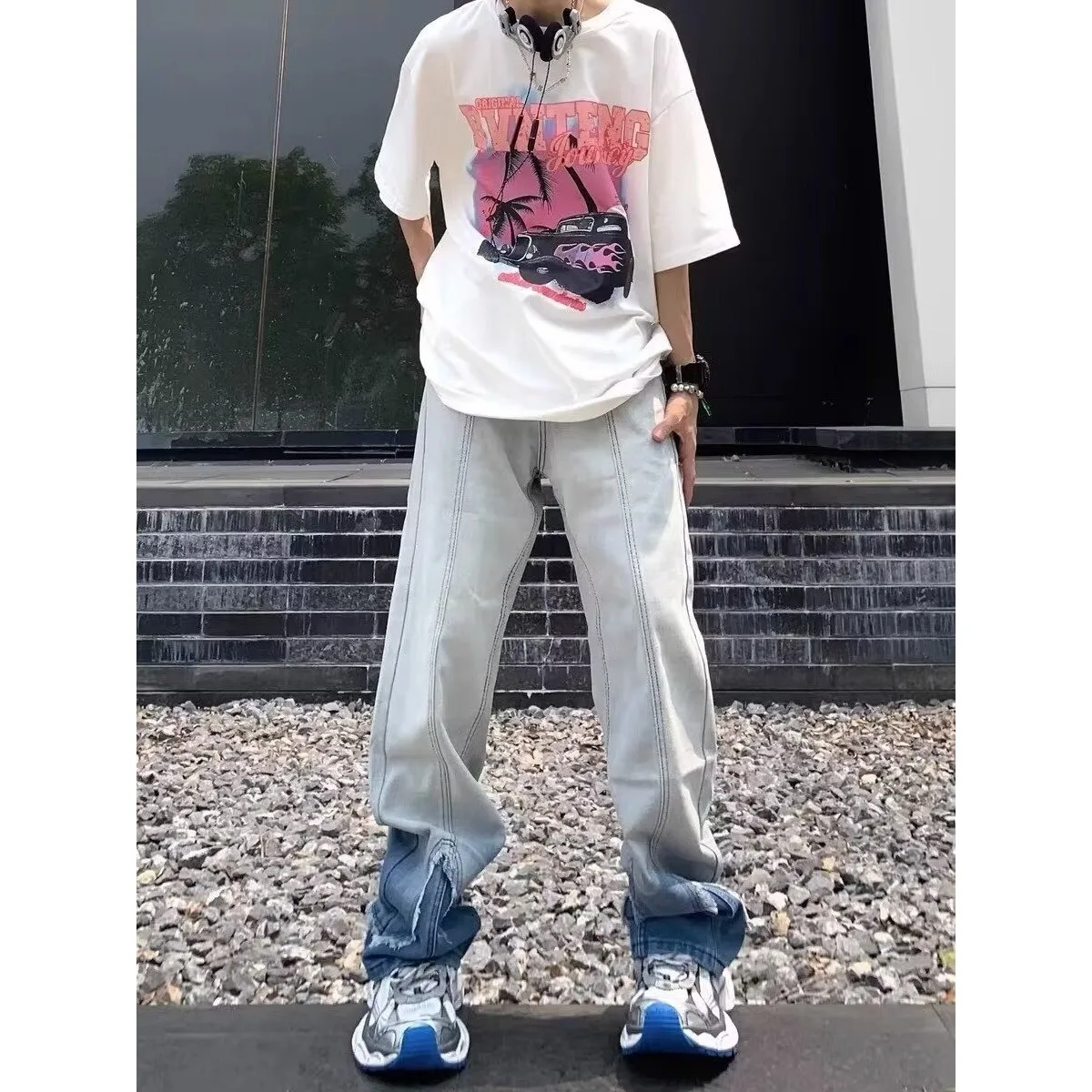 

Винтажные мужские джинсы с эффектом тай-дай, прямые, со средней посадкой, из полиэстера, не деформируются, простой дизайн, модные, весна-осень