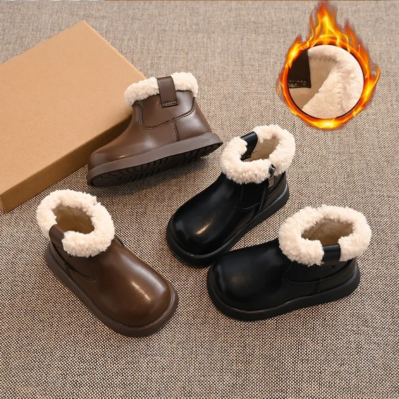 

Kids Short Boots with Fur Soft Sole Non-slip Girls Princess Shoes with Side Zip 2025 Winter New Fashion Children Ankle Boot Warm