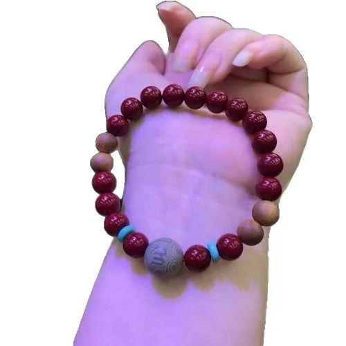 Cinnabar Bracelets Old Peach Wood Bodhi Root Lotus Beaded Bracelets Ethnic Style Jewelry for Women and Men Gifts