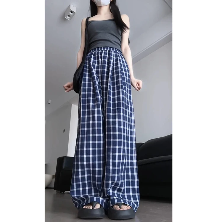 Pantaloni larghi larghi scozzesi retrò bianchi blu Pantaloni estivi da donna sottili nuovi Sle Pantaloni casual a gamba dritta Pantaloni lunghi a vita alta