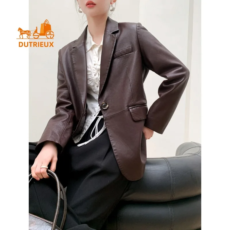 2025 Neue Herbst-Damen-Lederjacke im Distressed-Look, 100 % echtes Schaffell, modischer und eleganter Freizeitanzugmantel für Damen