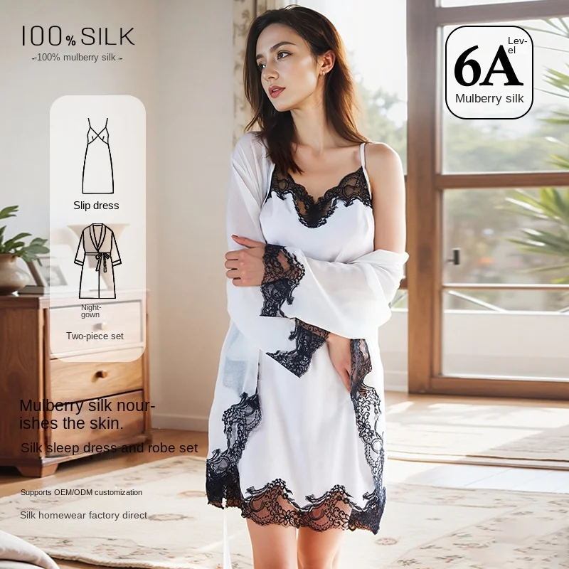 100% Mulberry Silk 2 Piece Women's Lingerie Set Sexy Lace Slip Dress And Robe Luxury Satin Sleepwear Loungewear for Spring Summe