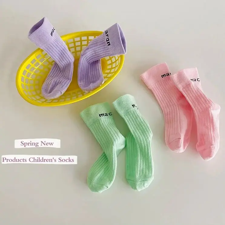 3 Pairs Spring Candy Color Socks Kids Soft Solid With Letters For Little Girls And Boys Child Baby Infant Cotton Sock