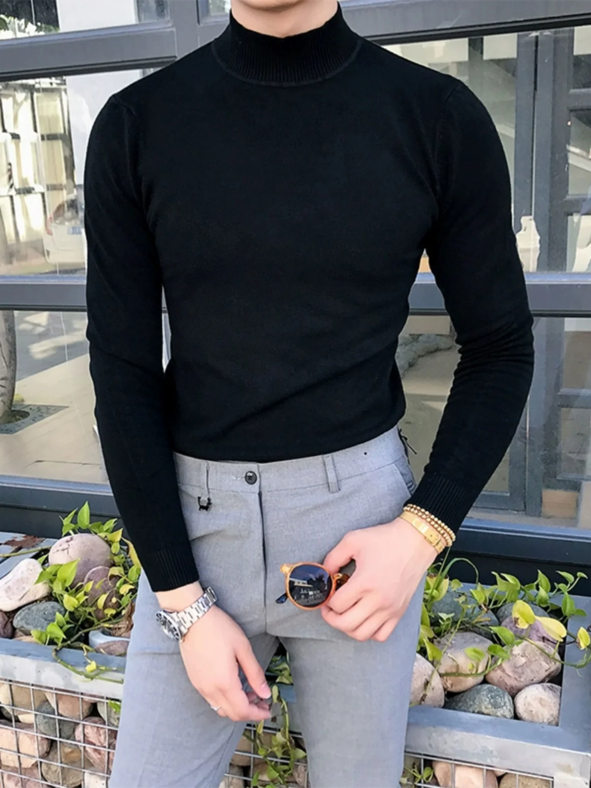 

Men's Long Sve Knitted Sweater f High Collar Casual Mid-Ne Spring Autumn Leisure Inner Wear Top Youth Faion Base irt