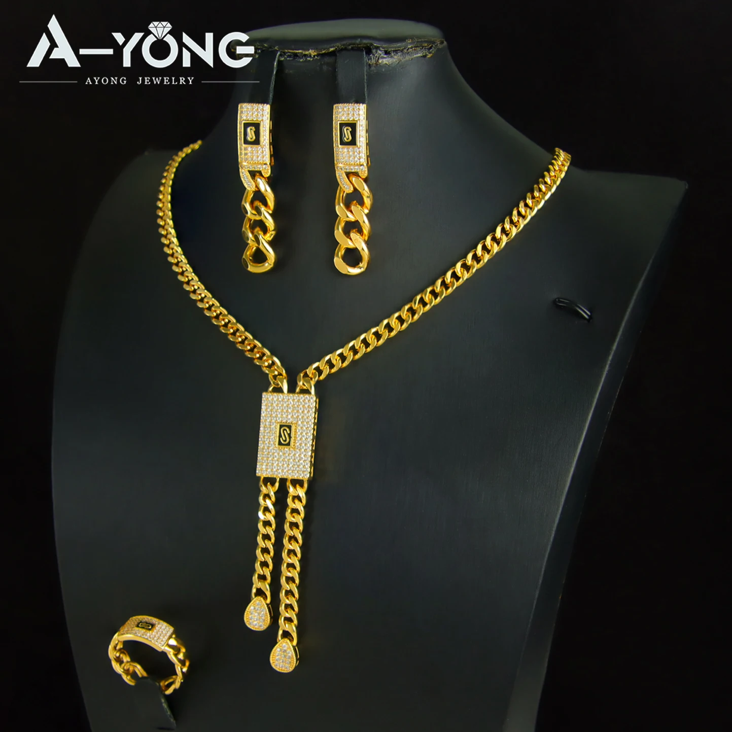 Gorgeous Dubai Hip Hop Jewelry Set 21k Gold Plated Brazilian Classic Zirconia Necklace Earrings Ring Moroccan Daily Party Gifts