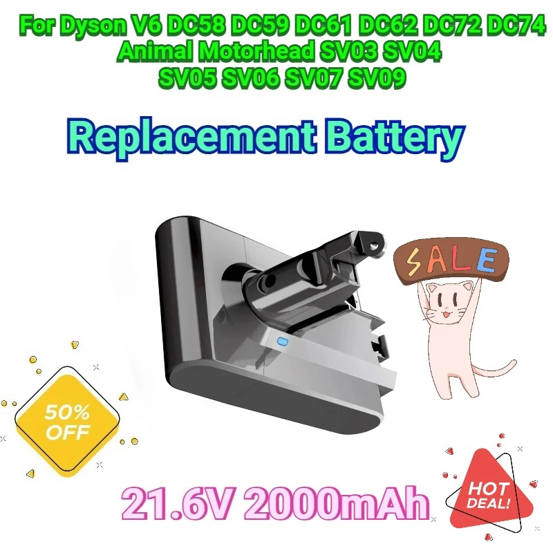 Сменный аккумулятор емкостью 2000 мАч для Dyson V6 DC58 DC59 DC61 DC62 DC72 DC74 с моторной головкой для животных SV03 SV04 SV05 SV06 SV07 SV09