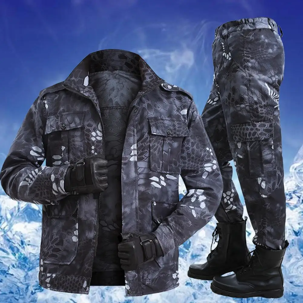 Men Suit Two-piece Set Wear Resistant Zipper Fly Camouflage Epaulet Decor Sports Suit Outdoor Suit Sweat Absorption