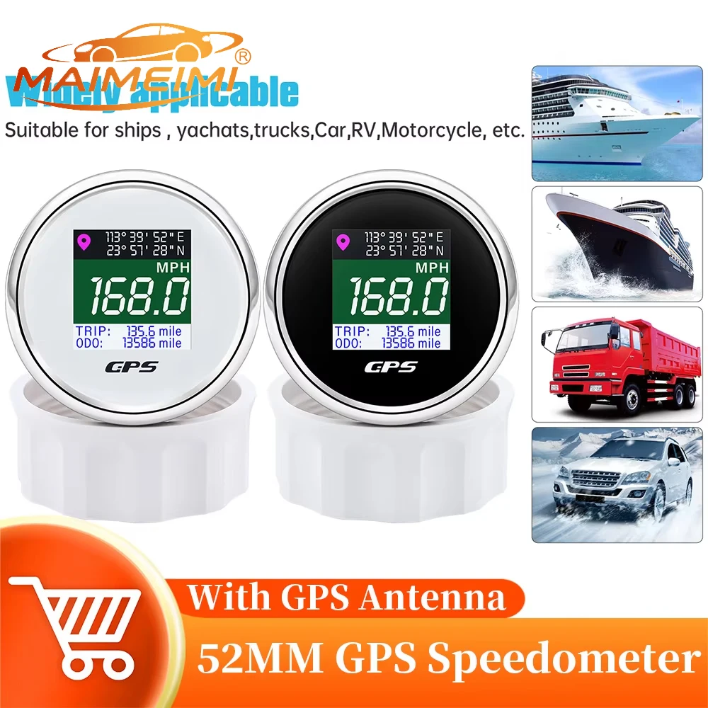 Waterproof 52mm GPS Speedometer Gauge Digital TFT Screen LCD With GPS Antenna Km/h MPH Knots Adjusted Odometer For Boat Car Moto