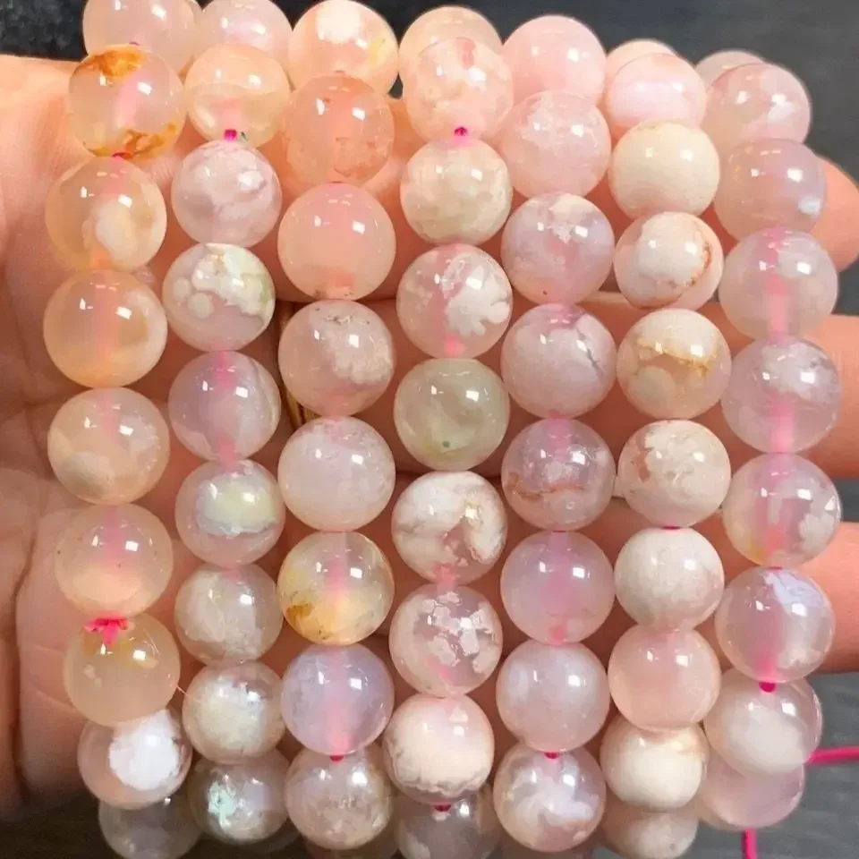 Kawaii Girl's Round Bead Bracelet Handheld Rosary Cherry Blossom Agate HandString Japanese High Color Value Gifts For Girlfriend