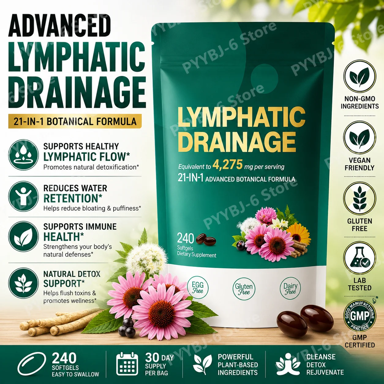 

21-in-1 Botanical Lymphatic Support Softgels 4275mg Herbal Wellness Formula Gluten Dairy Egg Free Dietary Supplement 240 Count