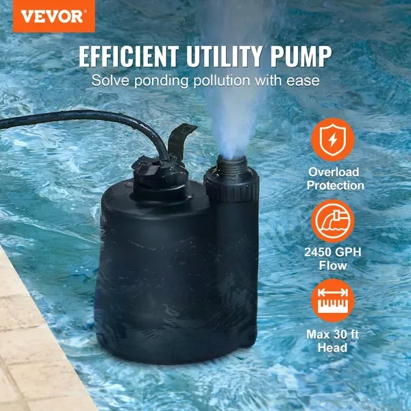 VEVOR Utility Pump, 1/3 HP, 2450 GPH High Flow, 30 ft Head, Sump Pump Submersible Water Pump Portable Utility Pump with 10 ft Lo