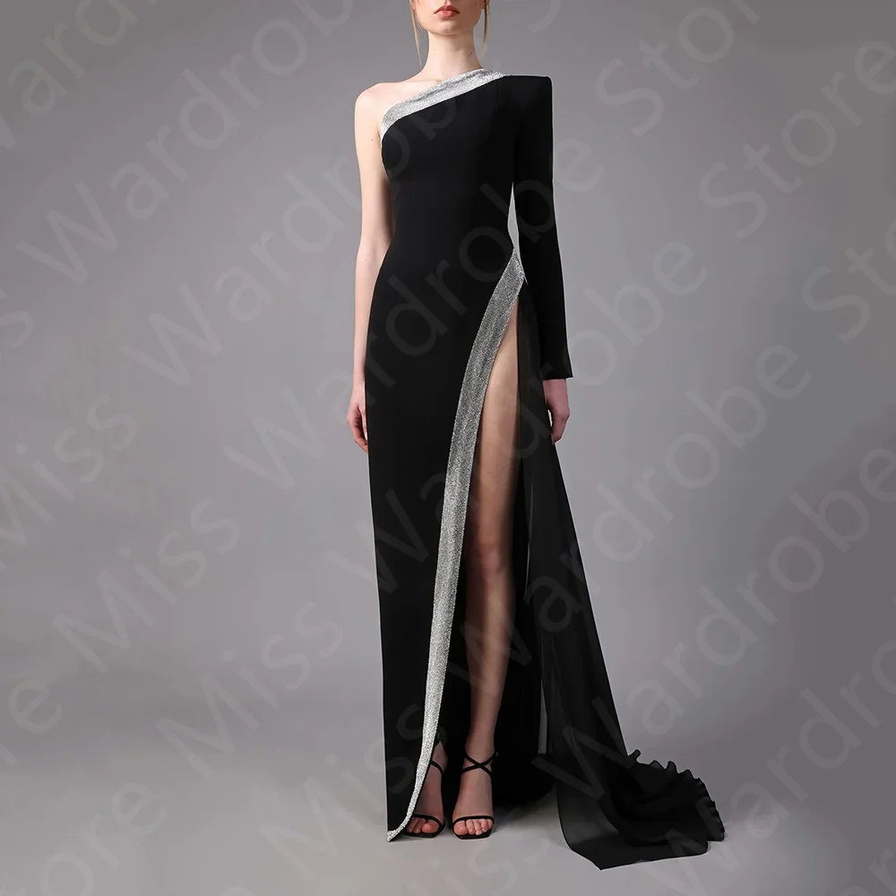 

Customized Gorgeous Evening Dresses 2024 Black Prom Party Gowns Thigh Slit Long Sleeves Wedding Guest Dress One Shoulder On Sale