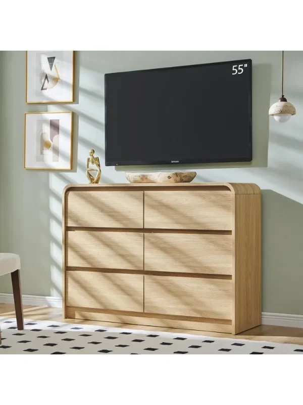 Modern 6 Drawer Dresser for Bedroom, 47” Wide Solid Wood Dresser and Chest of Drawers with Curved Profile Design