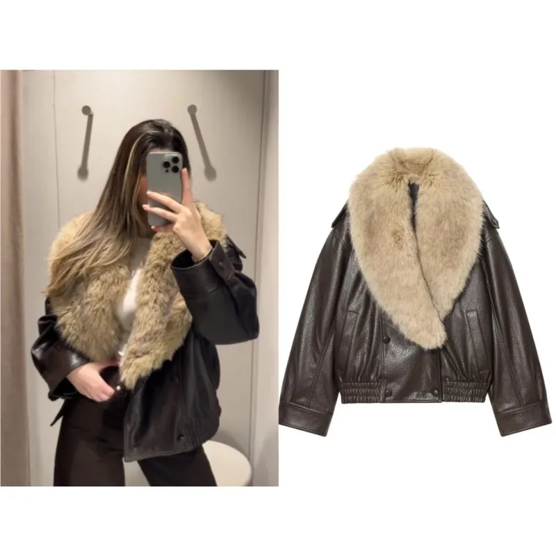 

Women Detachable Collar Imitation Leather Jacket 2025 Autumn Winter Lapel Collar Double Breasted Jacket Chic Female Warm Jackets