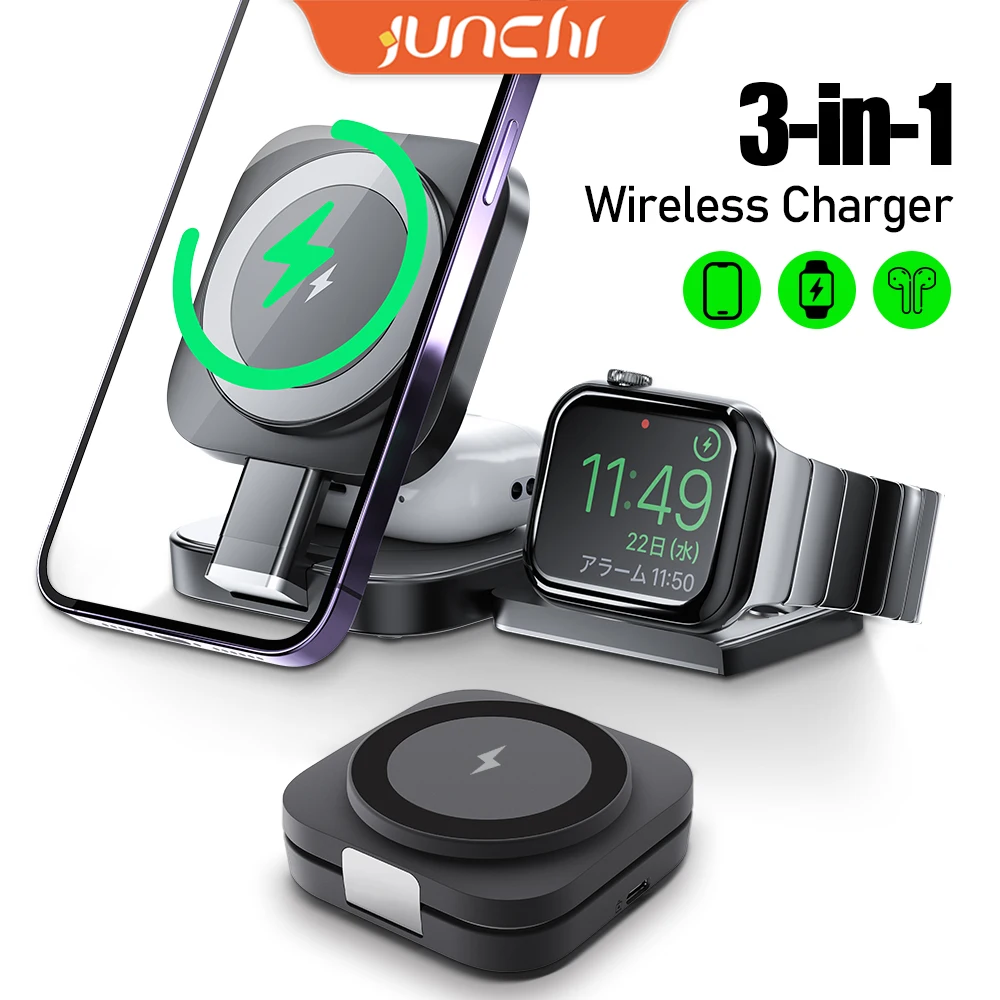 

Foldable 3in1 Magnetic Wireless Charging for Apple Qi2 Magsafe Charger Stand for iPhone 16 Pro 15 14 13 iWatch Airpods Charger