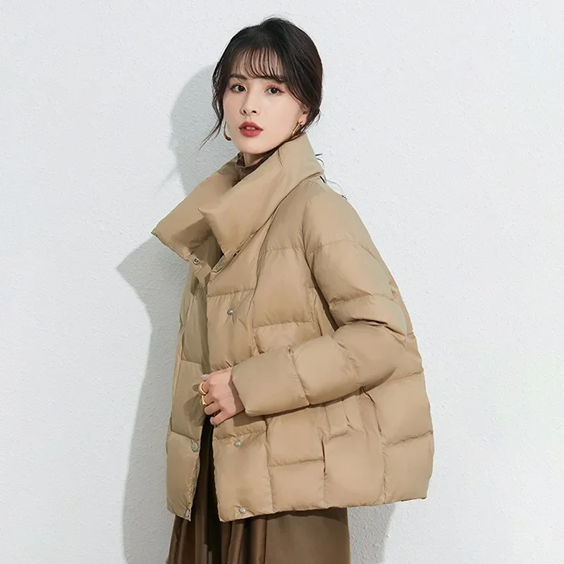 Winter Women's Light Down Coat Korean Fashion Luxury Stand-up Collar Windproof Warm Loose White Duck Down Short Tops Down Jacket