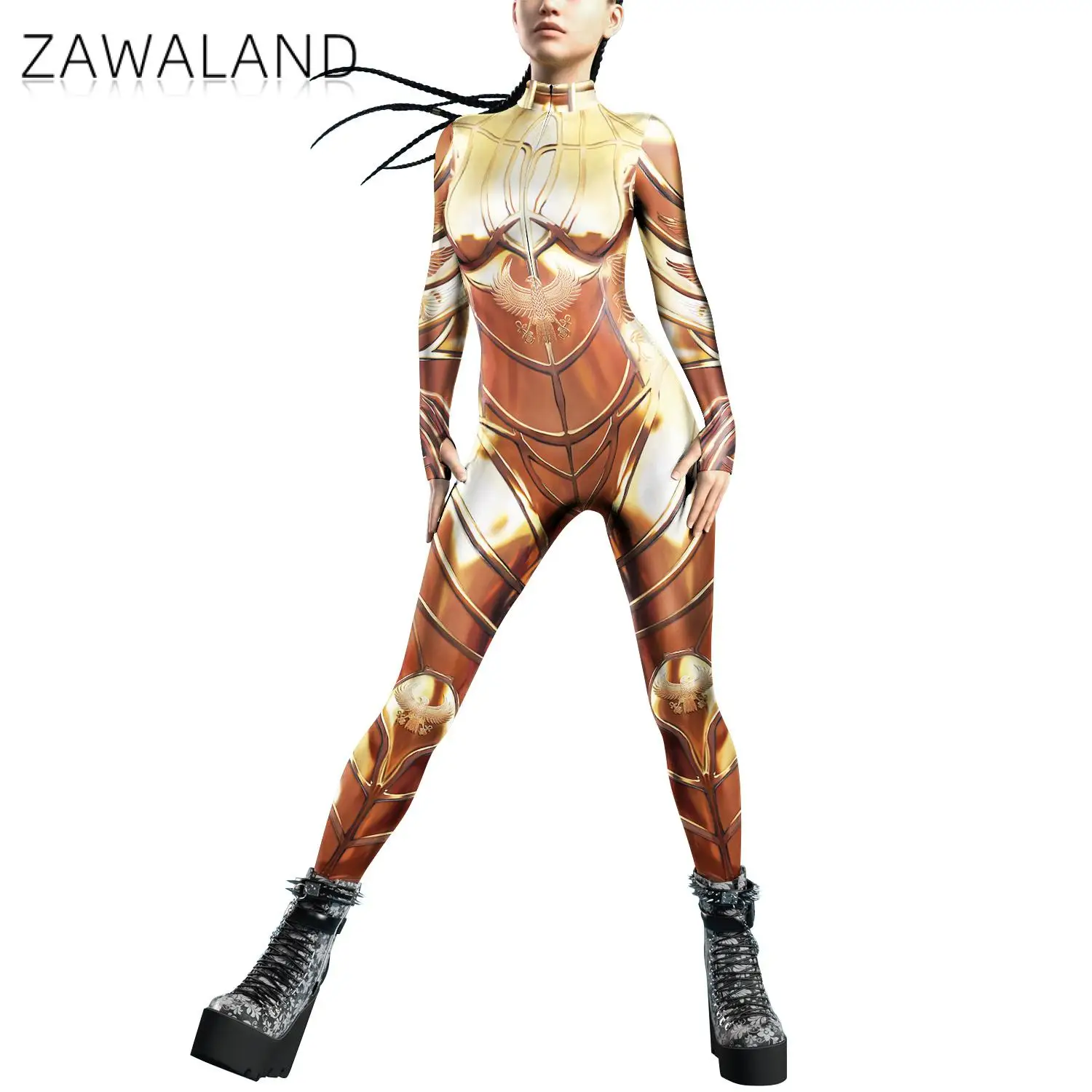 Zawaland Adult Women Bodysuit Printed Clothing Performance Holiday Party Cool Punk Robot Cosplay Costumes Female Jumpsuit