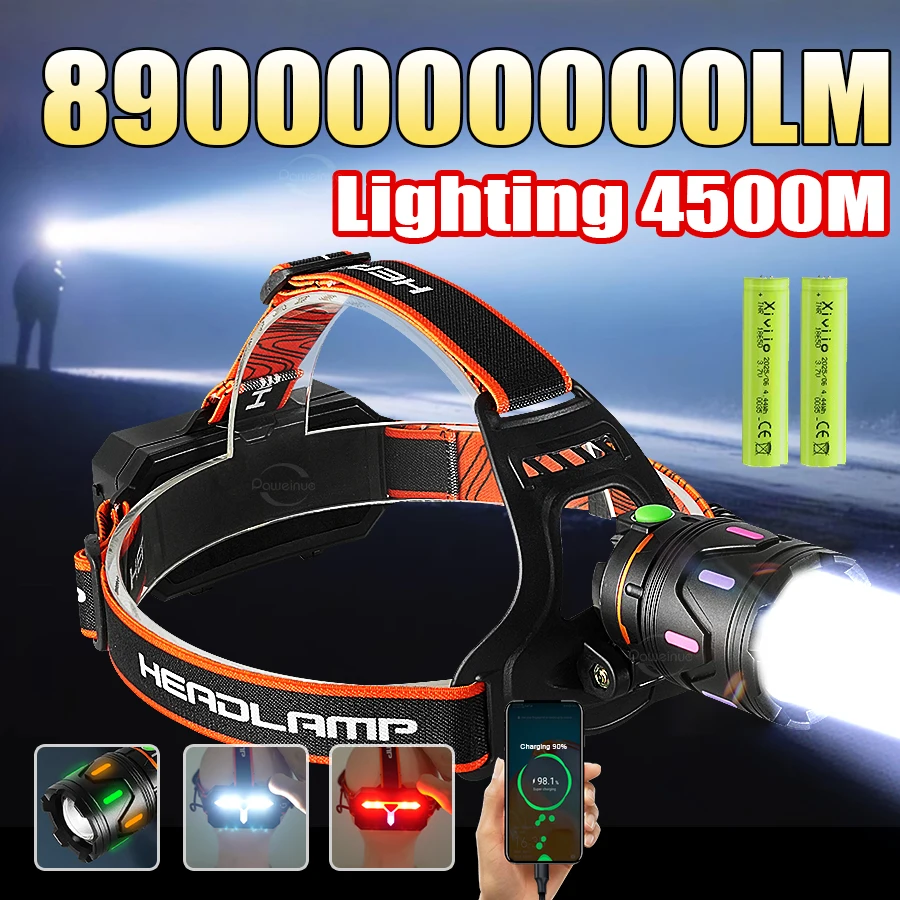 89000000LM Ultra Bright LED Headlight Strong Light 4500M Powerful Headlamp Rechargeable Head Torch Fishing Head Flashlight 18650