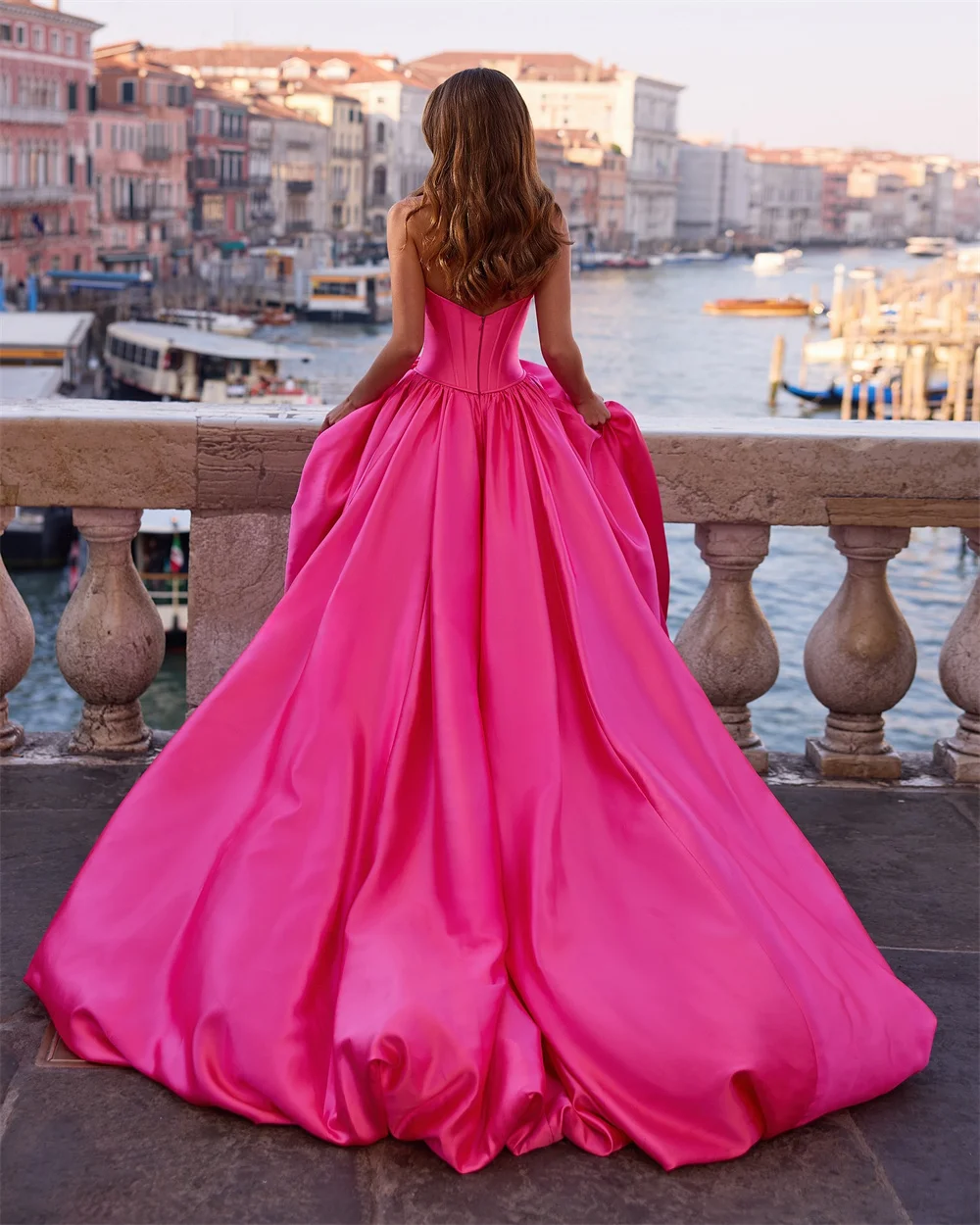 Contessa Custom Strapless Sweetheart Satin Evening Dress Crystal Beaded Bust Ball Gown With Train Long Pink Prom Party Dress