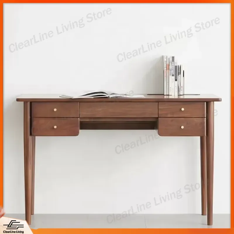 Modern Wooden Computer Desk with 5 Drawers Brown Study Table for Laptop Home Office Furniture Bedroom Writing Desk Storage