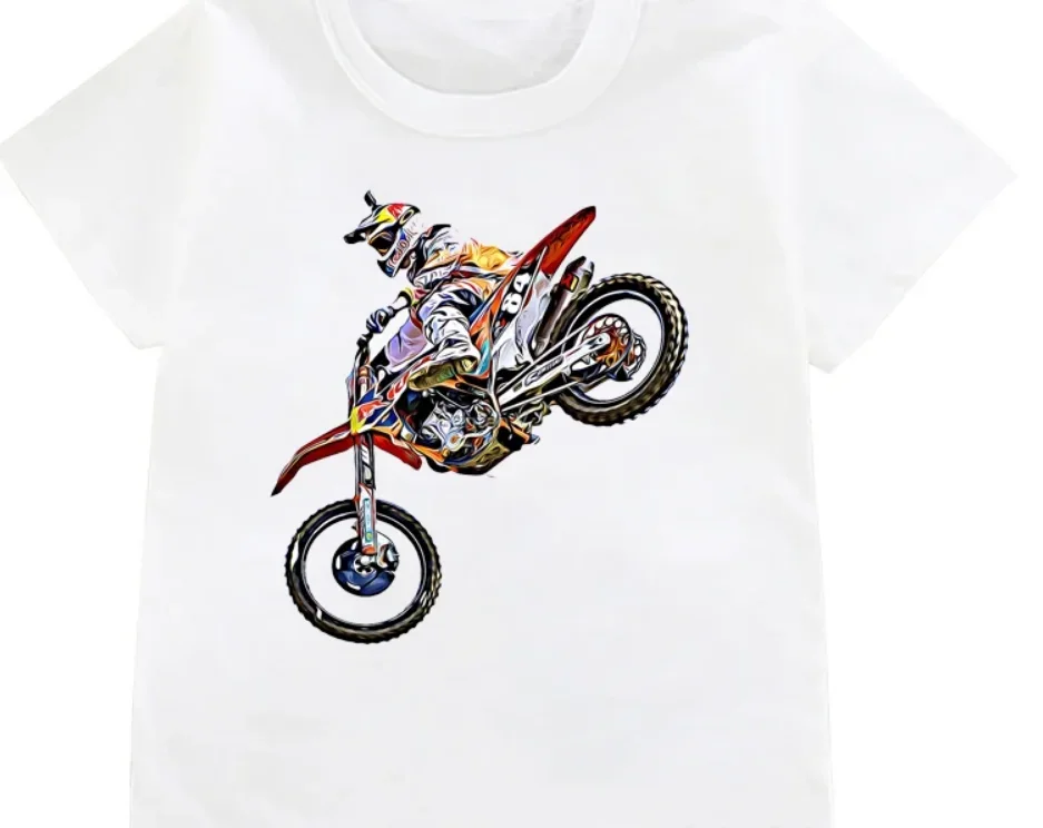 Funny Dirt Bike Motorcycle Print T-shirt Boys Cool White T Shirts Kids Harajuku Summer Short Sleeve Tshirt Tops